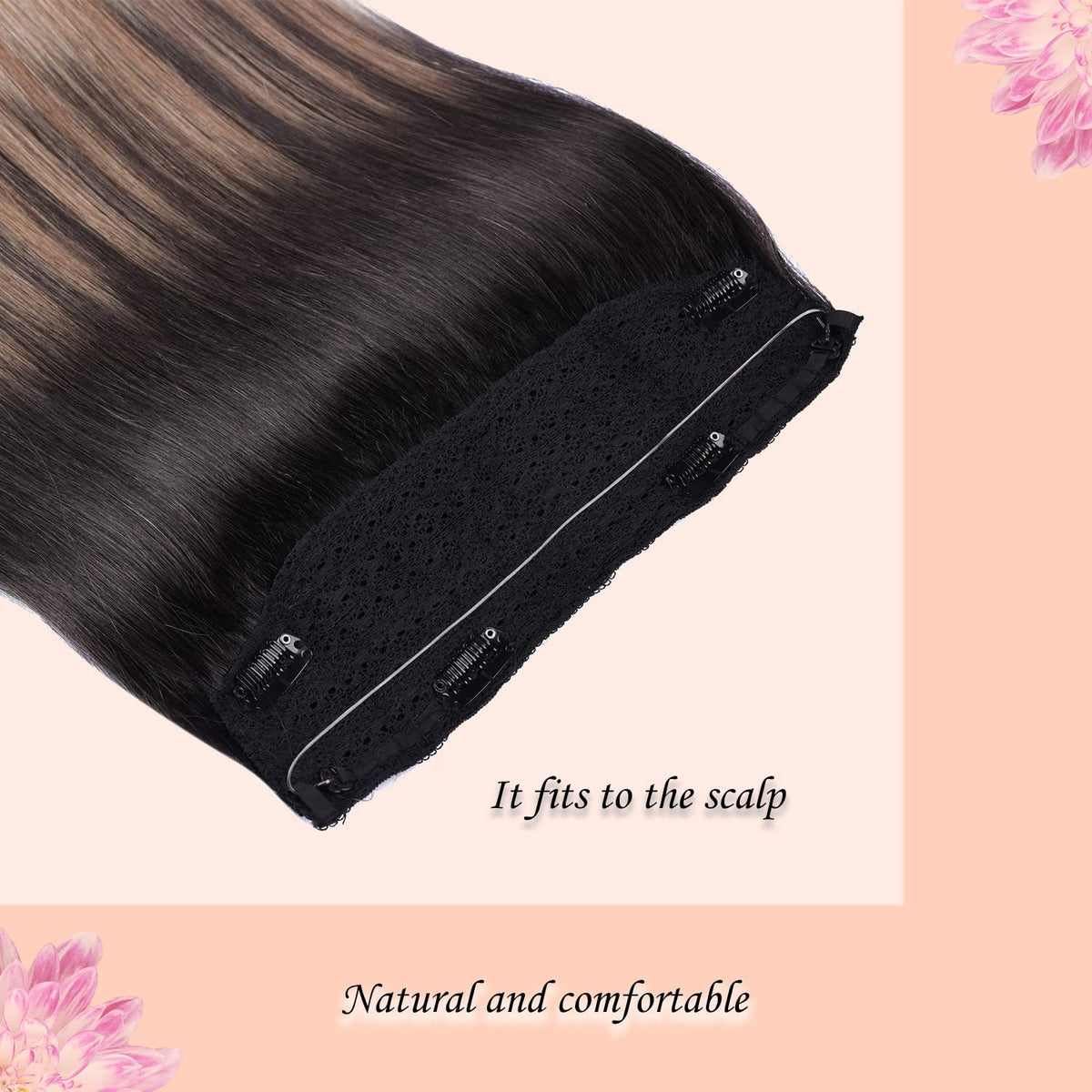 Wire Hair Extensions,DIYOMO Halo Hair Extensions Real Human Hair Hair Extensions Transparent Headband Adjustable Size Removable Secure，Hair Halo Extensions for Women,#T1B-8P/60
