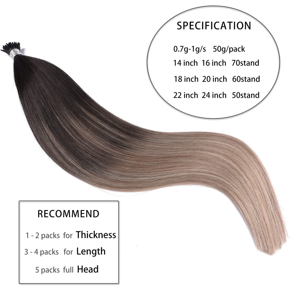 DIYOMO I Tip Hair Extensions Human Hair,Cold Fusion Soft Abnormal Hair Extensions 60 Strands Pre Keratin Bonded, Itip Human Hair Extensions,#T1B-8P/60