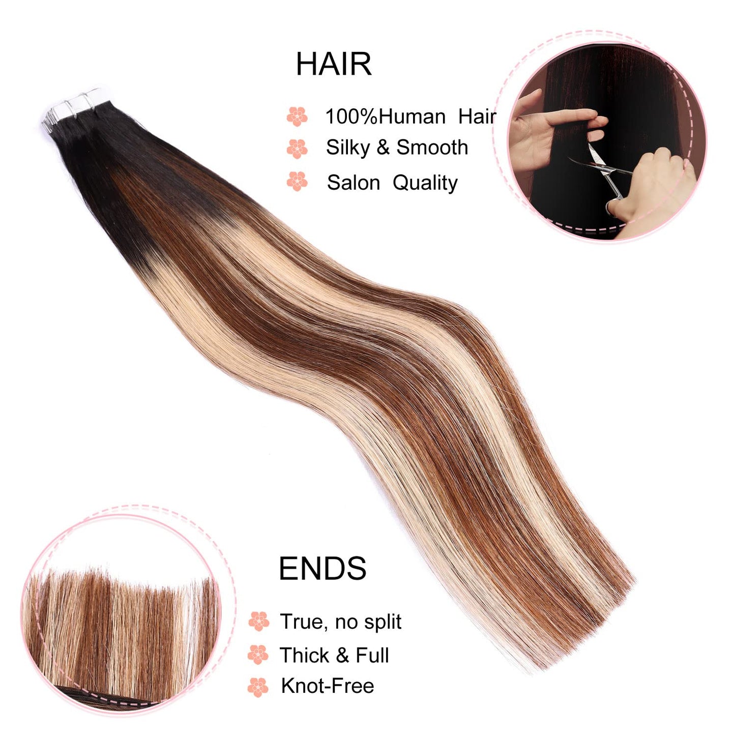 Tape in Hair Extensions Human Hair,DIYOMO Black to Chocolate Brown and Caramel Blonde Hair Extensions Handcrafted Soft & Smooth Remy Hair Extensions for Women,#1B/4/27 2.5g/Pcs 50g/Pack