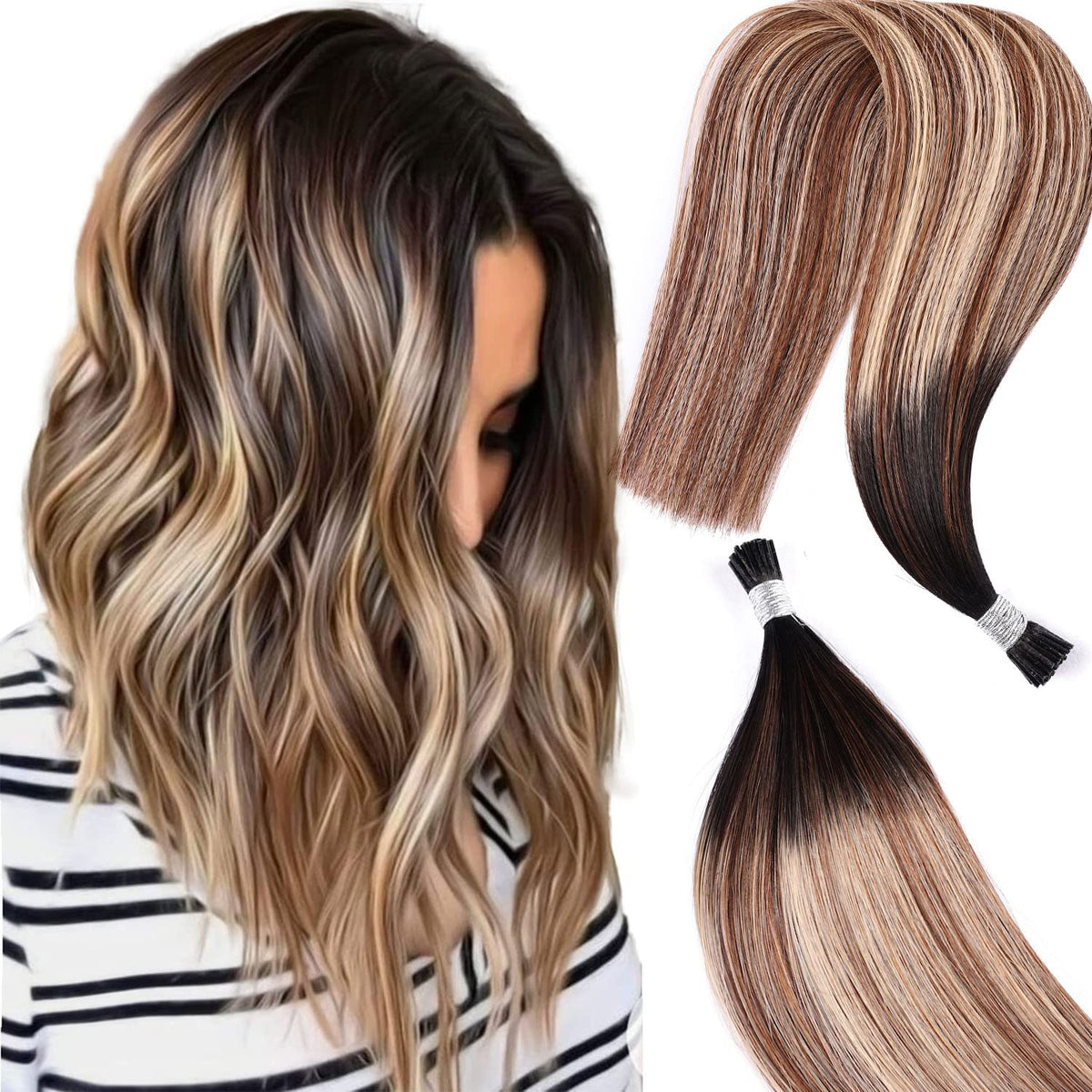 DIYOMO I Tip Hair Extensions Human Hair,Cold Fusion Soft Abnormal Hair Extensions 50 Strands Pre Keratin Bonded, Itip Human Hair Extensions,#1B/4/27
