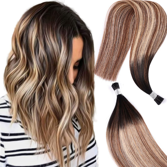 DIYOMO I Tip Hair Extensions Human Hair,Cold Fusion Soft Abnormal Hair Extensions 50 Strands Pre Keratin Bonded, Itip Human Hair Extensions,#1B/4/27