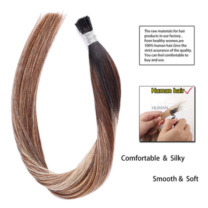 DIYOMO I Tip Hair Extensions Human Hair,Cold Fusion Soft Abnormal Hair Extensions 50 Strands Pre Keratin Bonded, Itip Human Hair Extensions,#1B/4/27