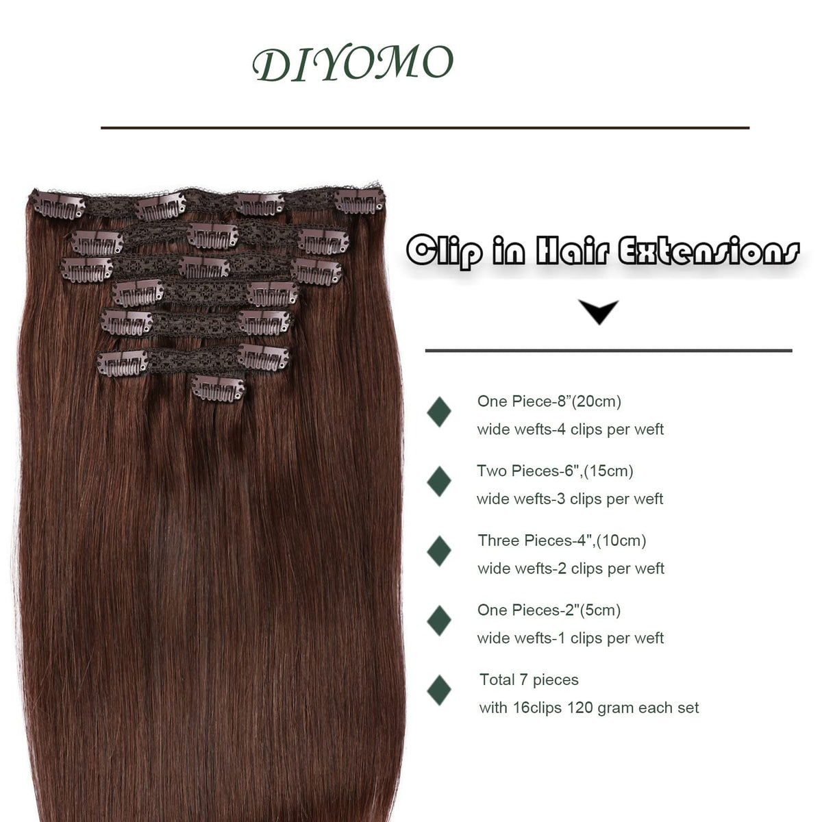 DIYOMO Auburn Medium Brown Clip in Hair Extensions Real Human Hair Remy Seamless Human Hair Clip ins 120g 7pcs Clip In Hair Extensions Real Human Hair for Women,#4