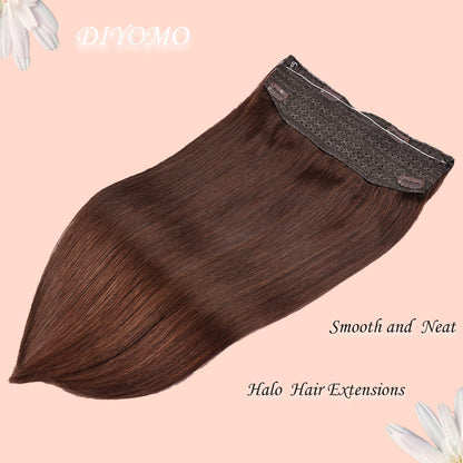 Wire Hair Extensions，DIYOMO Halo Hair Extensions Real Human Hair Auburn Medium Brown Hair Extensions Transparent Headband Adjustable Size Removable Secure，Hair Halo Extensions for Women,#4