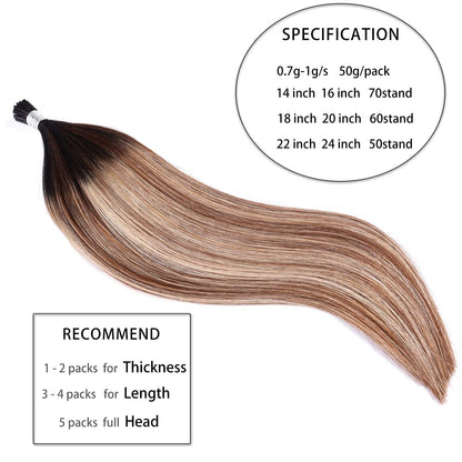DIYOMO I Tip Hair Extensions Human Hair,Cold Fusion Soft Abnormal Hair Extensions 50 Strands Pre Keratin Bonded, Itip Human Hair Extensions,#1B/4/27