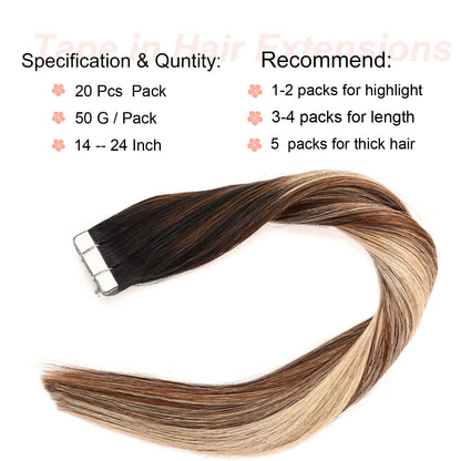 Tape in Hair Extensions Human Hair,DIYOMO Black to Chocolate Brown and Caramel Blonde Hair Extensions Handcrafted Soft & Smooth Remy Hair Extensions for Women,#1B/4/27 2.5g/Pcs 50g/Pack
