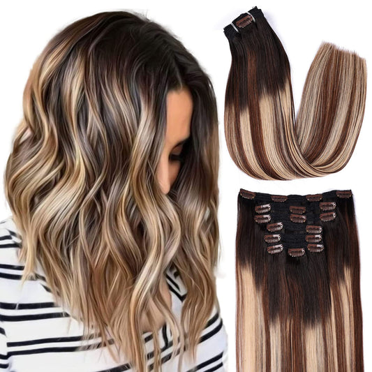 DIYOMO Black to Chocolate Brown and Caramel Blonde Clip in Hair Extensions Real Human Hair Remy Seamless Straight Natural Clip ins Thick 120g 7pcs Clip on Hair Extensions Clip in Human Hair for Women,#1B/4/27