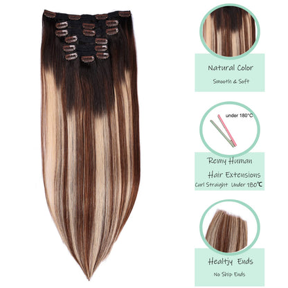 DIYOMO Black to Chocolate Brown and Caramel Blonde Clip in Hair Extensions Real Human Hair Remy Seamless Straight Natural Clip ins Thick 120g 7pcs Clip on Hair Extensions Clip in Human Hair for Women,#1B/4/27