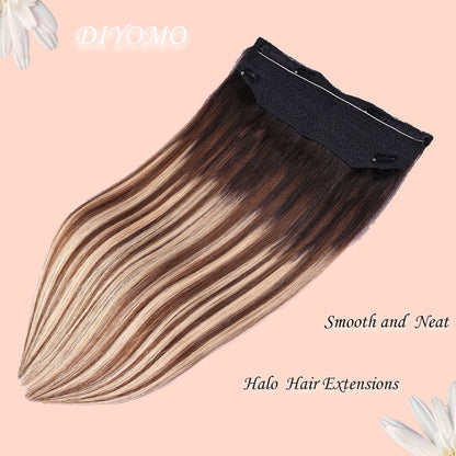 Wire Hair Extensions,DIYOMO Halo Hair Extensions Real Human Hair Hair Extensions Transparent Headband Adjustable Size Removable Secure，Hair Halo Extensions for Women,#1B/4/27
