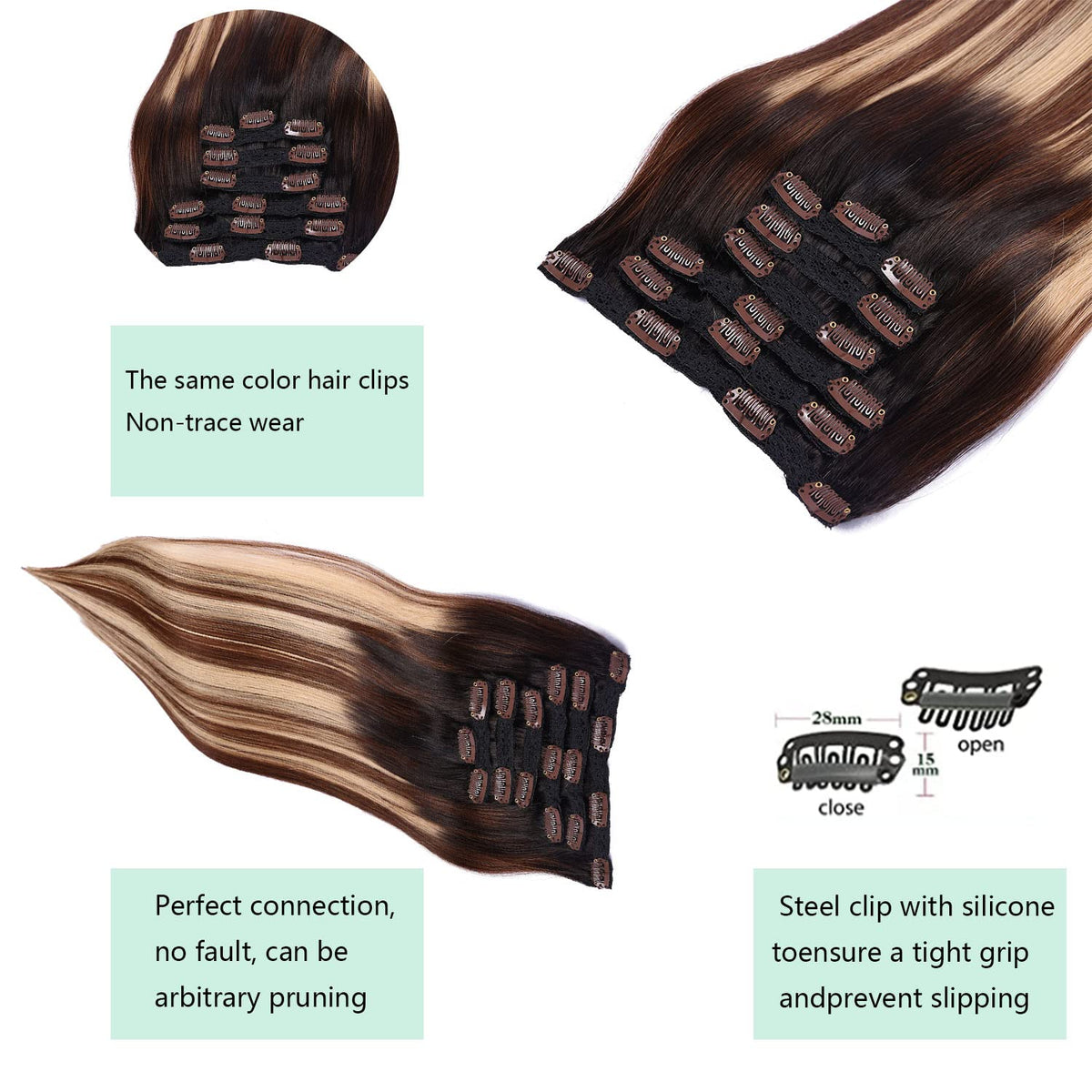 DIYOMO Black to Chocolate Brown and Caramel Blonde Clip in Hair Extensions Real Human Hair Remy Seamless Straight Natural Clip ins Thick 120g 7pcs Clip on Hair Extensions Clip in Human Hair for Women,#1B/4/27