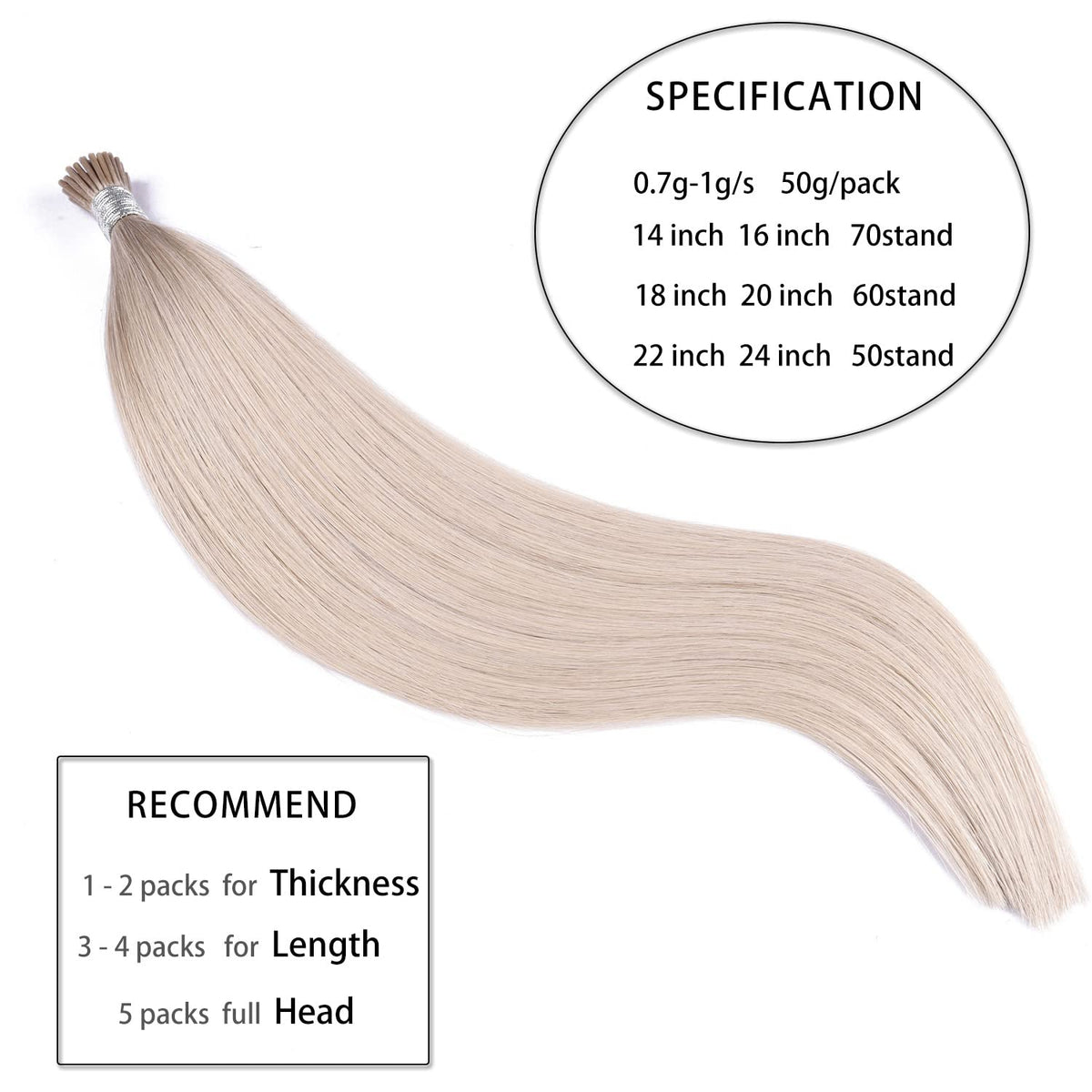 DIYOMO I Tip Hair Extensions Human Hair,Cold Fusion Soft Abnormal Hair Extensions 50 Strands Pre Keratin Bonded, Itip Human Hair Extensions,#60A