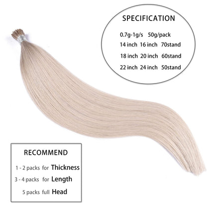 DIYOMO I Tip Hair Extensions Human Hair,Cold Fusion Soft Abnormal Hair Extensions 50 Strands Pre Keratin Bonded, Itip Human Hair Extensions,#60A