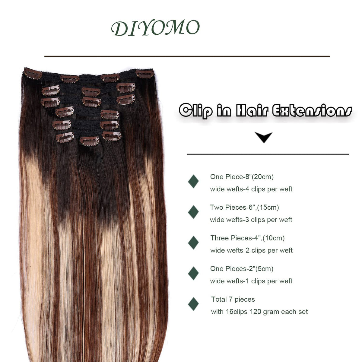 DIYOMO Black to Chocolate Brown and Caramel Blonde Clip in Hair Extensions Real Human Hair Remy Seamless Straight Natural Clip ins Thick 120g 7pcs Clip on Hair Extensions Clip in Human Hair for Women,#1B/4/27