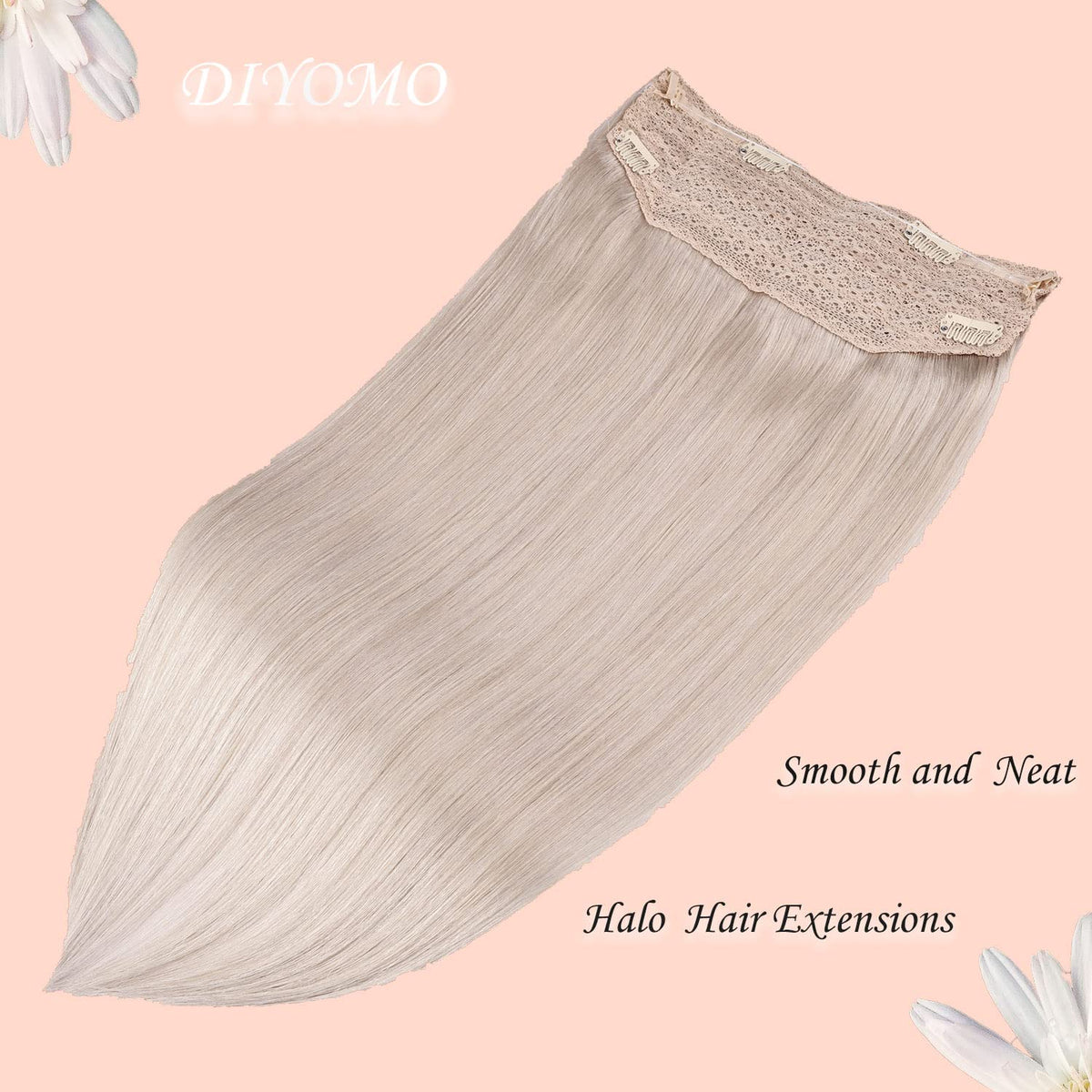 Wire Hair Extensions，DIYOMO Halo Hair Extensions Real Human Hair Hair Extensions Transparent Headband Adjustable Size Removable Secure，Hair Halo Extensions for Women,Bleach Blonde,#60A