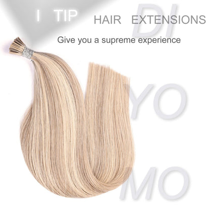 DIYOMO I Tip Hair Extensions Human Hair,Cold Fusion Soft Abnormal Hair Extensions 50 Strands Pre Keratin Bonded, Itip Human Hair Extensions,#16/22