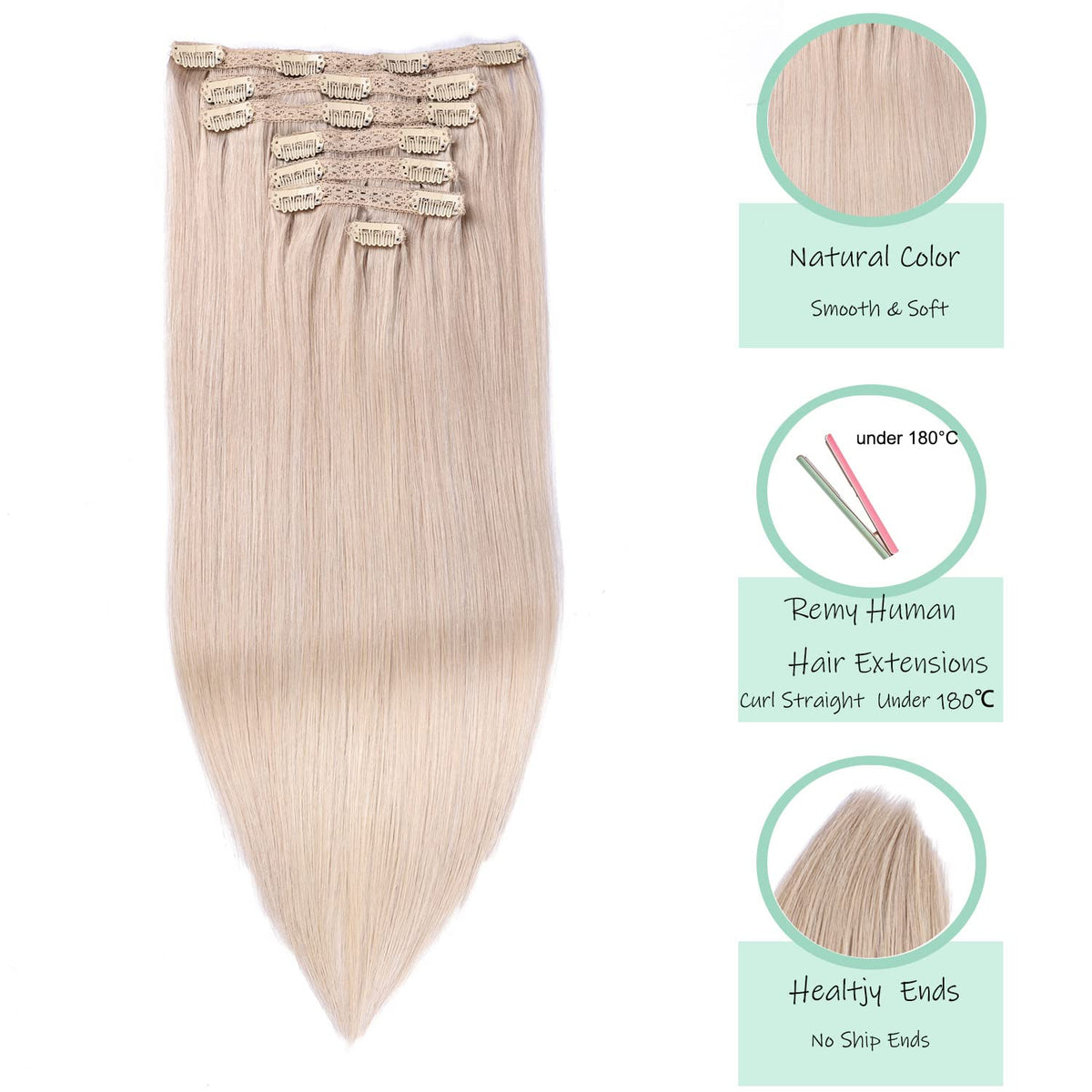 DIYOMO Bleach Blonde Clip in Hair Extensions Real Human Hair Remy Seamless Natural Straight Human Hair Clip ins Thick 120g 7pcs Clip In Hair Extensions Real Human Hair for Women,#60A
