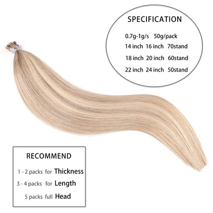 DIYOMO I Tip Hair Extensions Human Hair,Cold Fusion Soft Abnormal Hair Extensions 50 Strands Pre Keratin Bonded, Itip Human Hair Extensions,#16/22