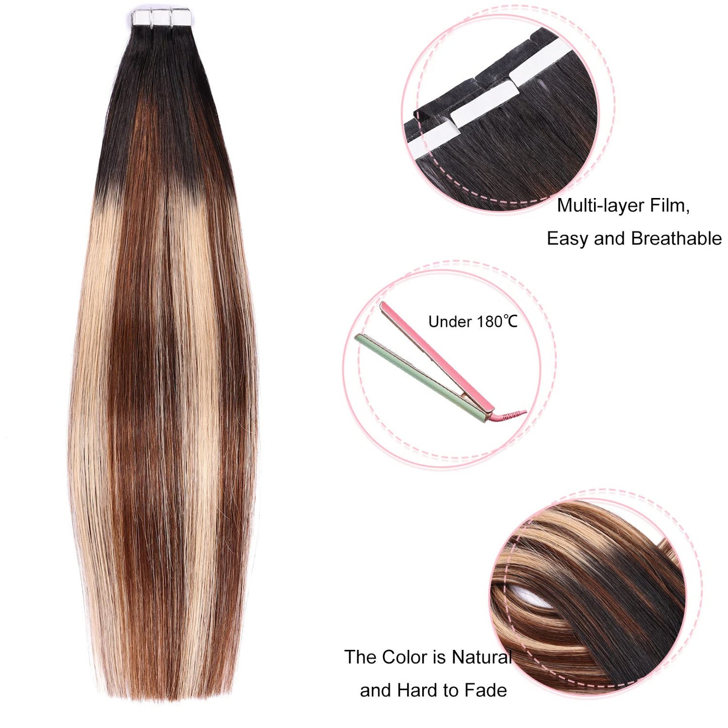 Tape in Hair Extensions Human Hair,DIYOMO Black to Chocolate Brown and Caramel Blonde Hair Extensions Handcrafted Soft & Smooth Remy Hair Extensions for Women,#1B/4/27 2.5g/Pcs 50g/Pack