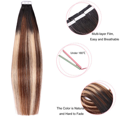 Tape in Hair Extensions Human Hair,DIYOMO Black to Chocolate Brown and Caramel Blonde Hair Extensions Handcrafted Soft & Smooth Remy Hair Extensions for Women,#1B/4/27 2.5g/Pcs 50g/Pack