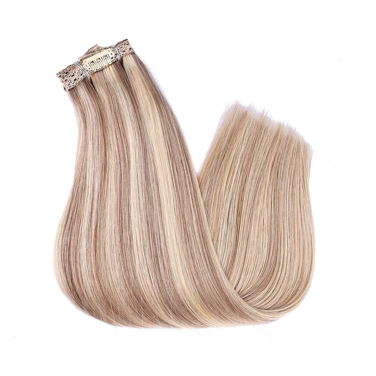 DIYOMO Clip in Hair Extensions Real Human Hair Blonde Highlights Bleached Blonde Remy Seamless Straight Natural Clip ins Thick 120g 7pcs Clip on Hair Extensions Clip in Human Hair for Women,#P16/22