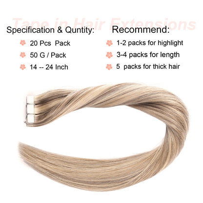 Tape in Hair Extensions Human Hair,DIYOMO#P16/22 Blonde Highlight Bleached Blonde Hair Extensions Handcrafted Soft & Smooth Remy Hair Extensions for Women, 2.5g/Pcs 50g/Pack