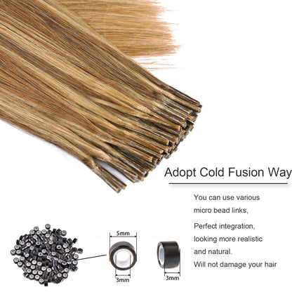 DIYOMO I Tip Hair Extensions Human Hair,Cold Fusion Soft Abnormal Hair Extensions 50 Strands Pre Keratin Bonded, Itip Human Hair Extensions,#P7B/8B