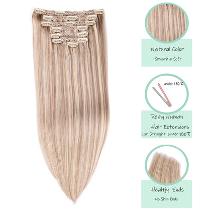 DIYOMO Clip in Hair Extensions Real Human Hair Blonde Highlights Bleached Blonde Remy Seamless Straight Natural Clip ins Thick 120g 7pcs Clip on Hair Extensions Clip in Human Hair for Women,#P16/22