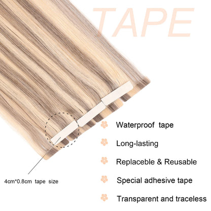 Tape in Hair Extensions Human Hair,DIYOMO#P16/22 Blonde Highlight Bleached Blonde Hair Extensions Handcrafted Soft & Smooth Remy Hair Extensions for Women, 2.5g/Pcs 50g/Pack
