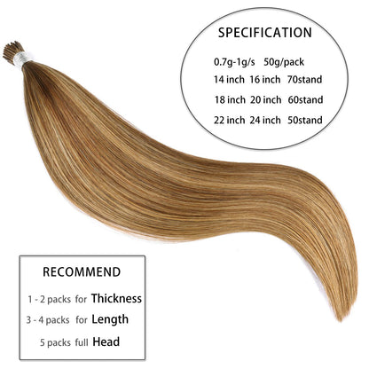 DIYOMO I Tip Hair Extensions Human Hair,Cold Fusion Soft Abnormal Hair Extensions 50 Strands Pre Keratin Bonded, Itip Human Hair Extensions,#P7B/8B