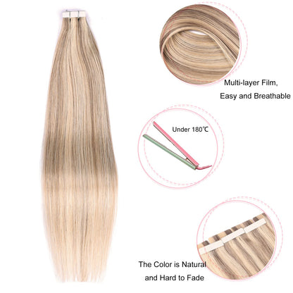 Tape in Hair Extensions Human Hair,DIYOMO#P16/22 Blonde Highlight Bleached Blonde Hair Extensions Handcrafted Soft & Smooth Remy Hair Extensions for Women, 2.5g/Pcs 50g/Pack