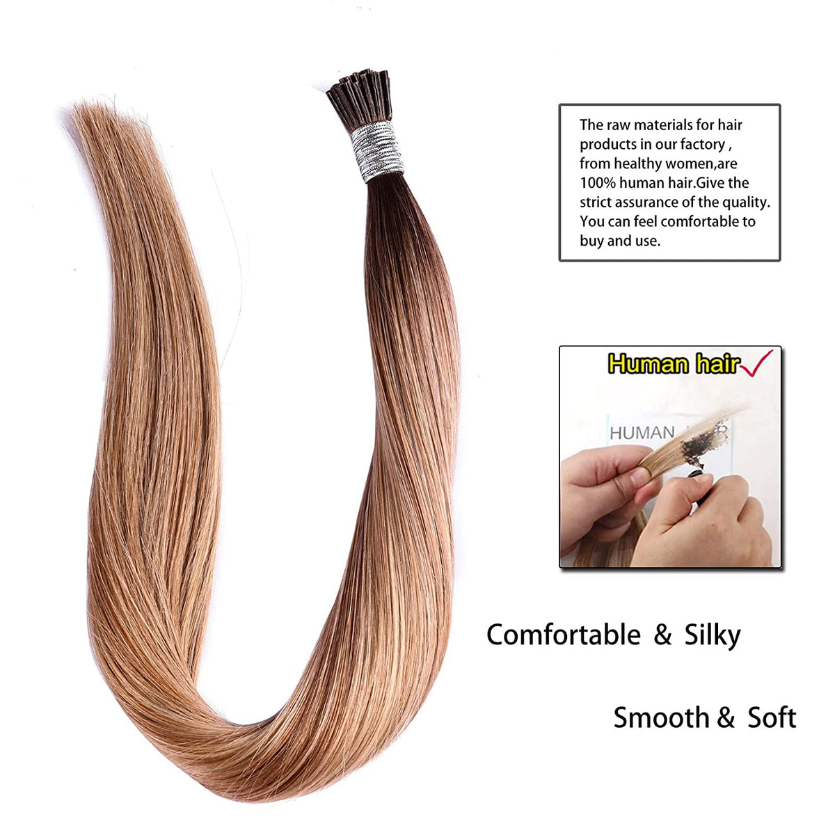 DIYOMO I Tip Hair Extensions Human Hair,Cold Fusion Soft Abnormal Hair Extensions 50 Strands Pre Keratin Bonded, Itip Human Hair Extensions,#P18/613