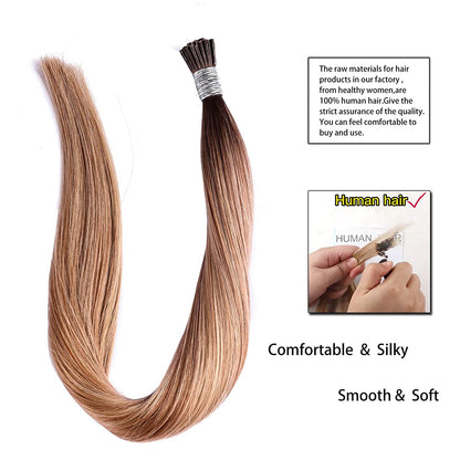DIYOMO I Tip Hair Extensions Human Hair,Cold Fusion Soft Abnormal Hair Extensions 50 Strands Pre Keratin Bonded, Itip Human Hair Extensions,#P18/613