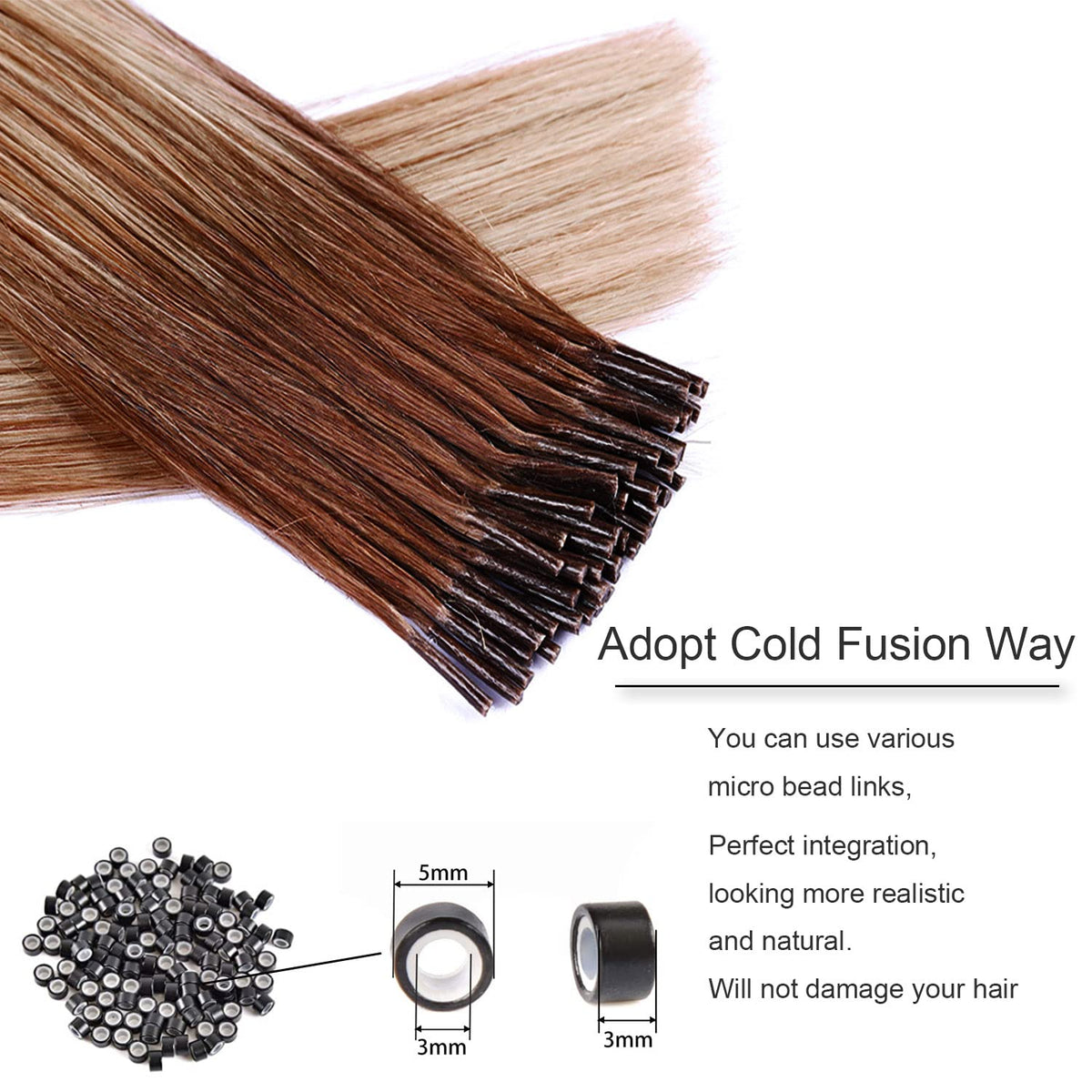 DIYOMO I Tip Hair Extensions Human Hair,Cold Fusion Soft Abnormal Hair Extensions 50 Strands Pre Keratin Bonded, Itip Human Hair Extensions,#P18/613