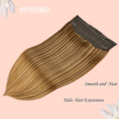 Wire Hair Extensions,DIYOMO Halo Hair Extensions Real Human Hair Hair Extensions Transparent Headband Adjustable Size Removable Secure，Hair Halo Extensions for Women,#P7B/8B