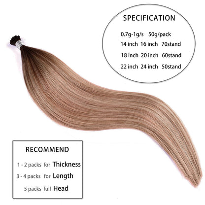 DIYOMO I Tip Hair Extensions Human Hair,Cold Fusion Soft Abnormal Hair Extensions 50 Strands Pre Keratin Bonded, Itip Human Hair Extensions,#P18/613