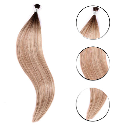 DIYOMO I Tip Hair Extensions Human Hair,Cold Fusion Soft Abnormal Hair Extensions 50 Strands Pre Keratin Bonded, Itip Human Hair Extensions,#P18/613