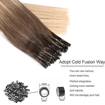 DIYOMO I Tip Hair Extensions Human Hair,Cold Fusion Soft Abnormal Hair Extensions 50 Strands Pre Keratin Bonded, Itip Human Hair Extensions,#P9/T9/613