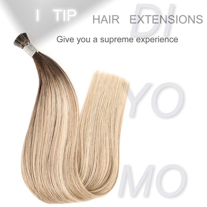DIYOMO I Tip Hair Extensions Human Hair,Cold Fusion Soft Abnormal Hair Extensions 50 Strands Pre Keratin Bonded, Itip Human Hair Extensions,#P9/T9/613
