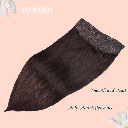 Wire Hair Extensions，DIYOMO Halo Hair Extensions Real Human Hair Dark Brown Hair Extensions Transparent Headband Adjustable Size Removable Secure，Hair Halo Extensions for Women,#2