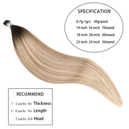 DIYOMO I Tip Hair Extensions Human Hair,Cold Fusion Soft Abnormal Hair Extensions 50 Strands Pre Keratin Bonded, Itip Human Hair Extensions,#P9/T9/613