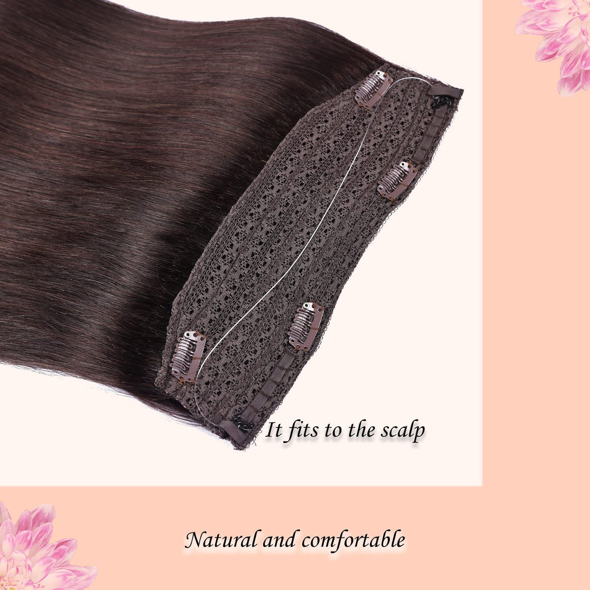 Wire Hair Extensions，DIYOMO Halo Hair Extensions Real Human Hair Dark Brown Hair Extensions Transparent Headband Adjustable Size Removable Secure，Hair Halo Extensions for Women,#2