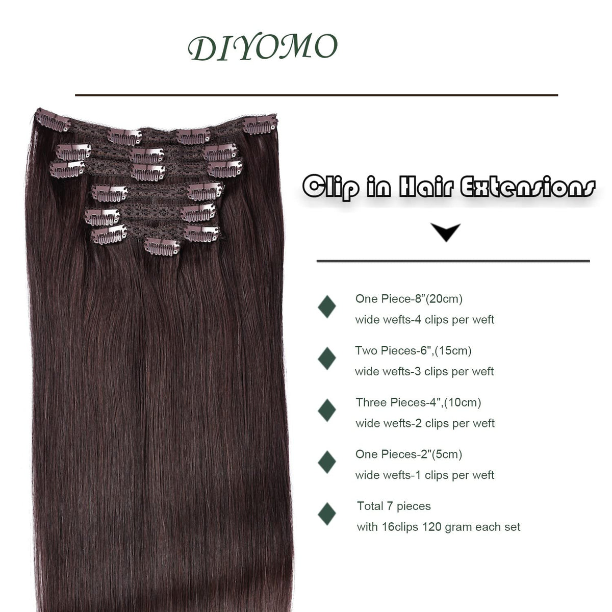 DIYOMO Dark Brown Clip in Hair Extensions Real Human Hair Remy Seamless Human Hair Clip ins 120g 7pcs Clip In Hair Extensions Real Human Hair for Women,#2