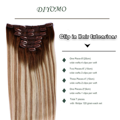 DIYOMO Darker Brown to Ash Brown and Blonde Clip in Hair Extensions Real Human Hair Remy Seamless Straight Natural Remy Clip ins Thick 120g 7pcs Clip on Hair Extensions Clip in Human Hair for Women #3/8/22