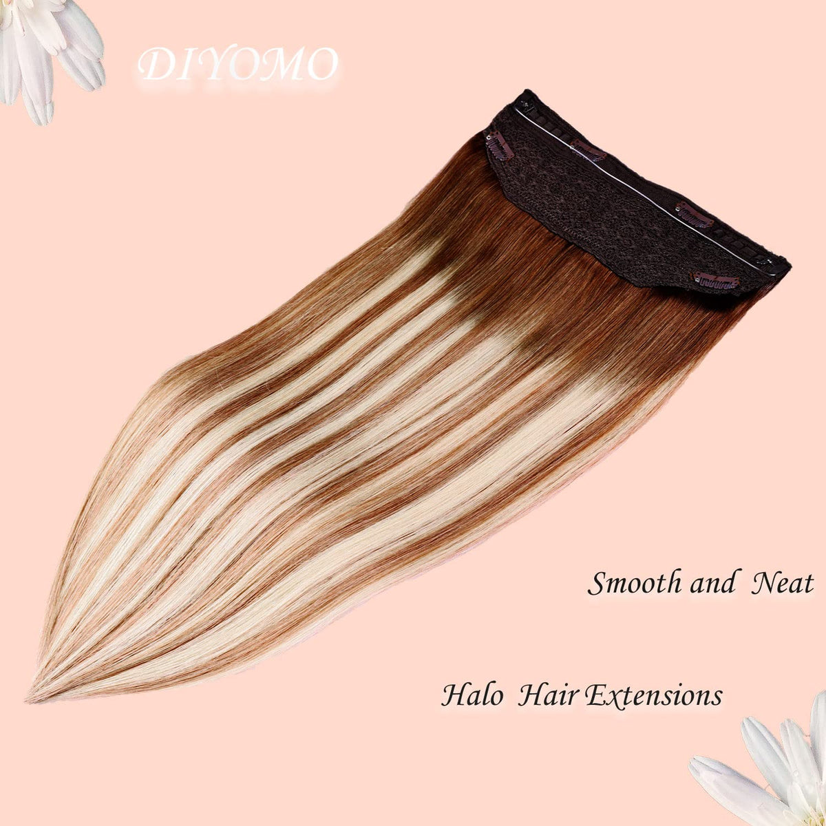 Wire Hair Extensions,DIYOMO Halo Hair Extensions Real Human Hair Hair Extensions Transparent Headband Adjustable Size Removable Secure，Hair Halo Extensions for Women,#3/8/22