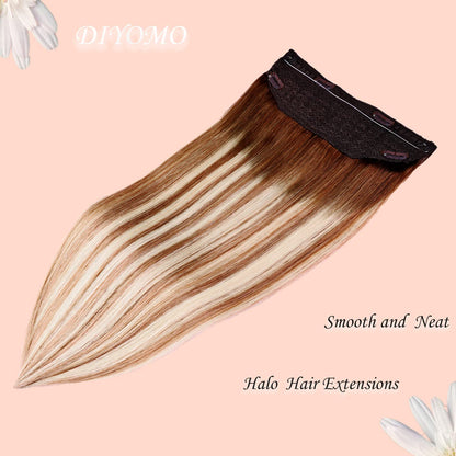 Wire Hair Extensions,DIYOMO Halo Hair Extensions Real Human Hair Hair Extensions Transparent Headband Adjustable Size Removable Secure，Hair Halo Extensions for Women,#3/8/22