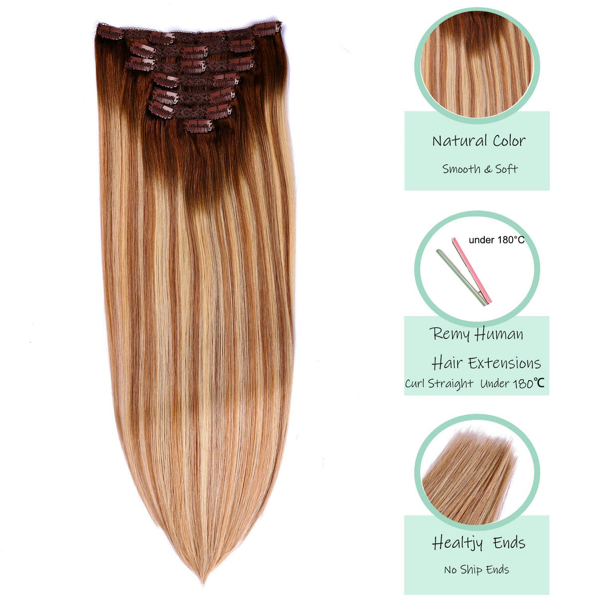 DIYOMO Darker Brown to Ash Brown and Blonde Clip in Hair Extensions Real Human Hair Remy Seamless Straight Natural Remy Clip ins Thick 120g 7pcs Clip on Hair Extensions Clip in Human Hair for Women #3/8/22