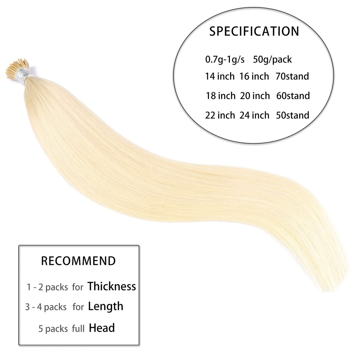 DIYOMO I Tip Hair Extensions Human Hair,Cold Fusion Soft Abnormal Hair Extensions 50 Strands Pre Keratin Bonded, Itip Human Hair Extensions,#60