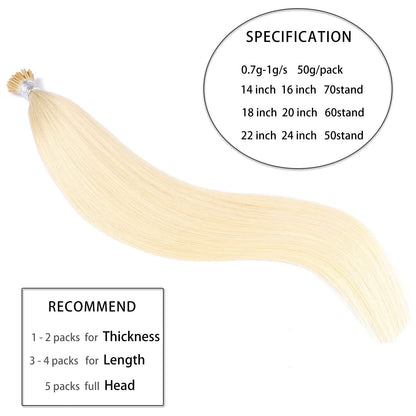 DIYOMO I Tip Hair Extensions Human Hair,Cold Fusion Soft Abnormal Hair Extensions 50 Strands Pre Keratin Bonded, Itip Human Hair Extensions,#60