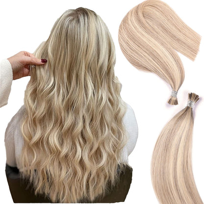 DIYOMO I Tip Hair Extensions Human Hair,Cold Fusion Soft Abnormal Hair Extensions 50 Strands Pre Keratin Bonded, Itip Human Hair Extensions,#16/22