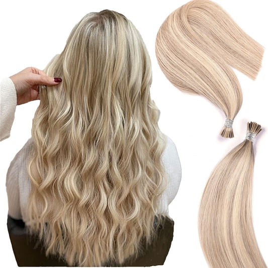 DIYOMO I Tip Hair Extensions Human Hair,Cold Fusion Soft Abnormal Hair Extensions 50 Strands Pre Keratin Bonded, Itip Human Hair Extensions,#16/22